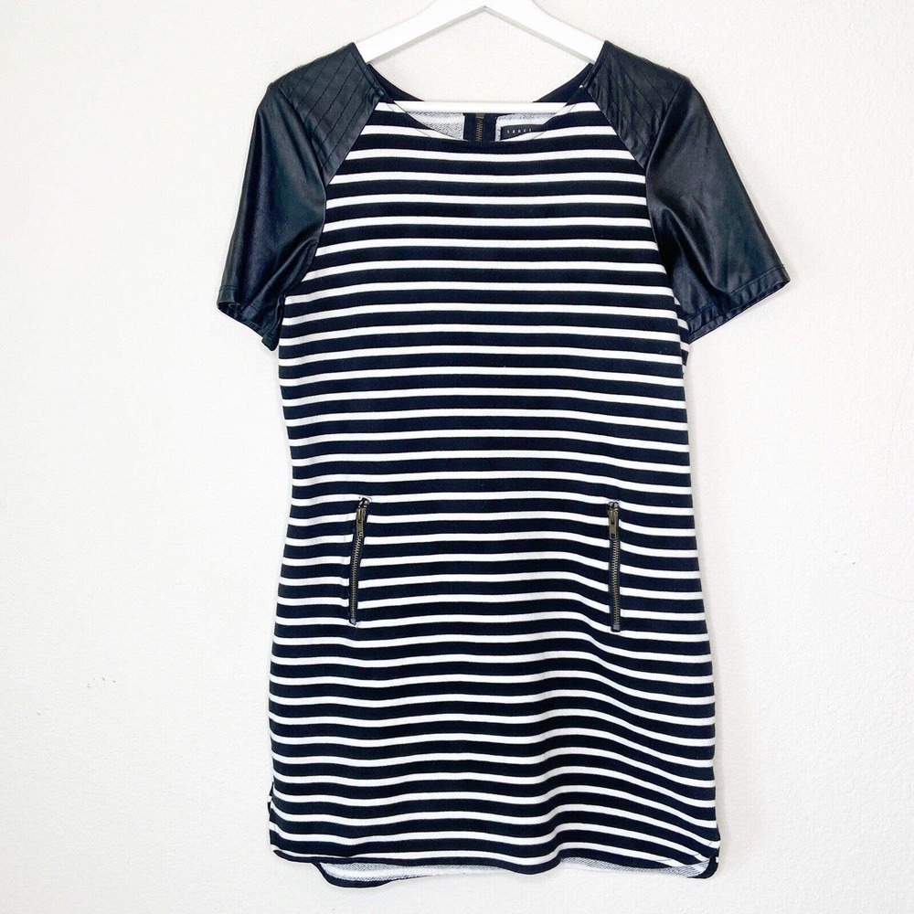 Sanctuary Vegan Leather Sleeved Black and White Striped Zipper Dress M